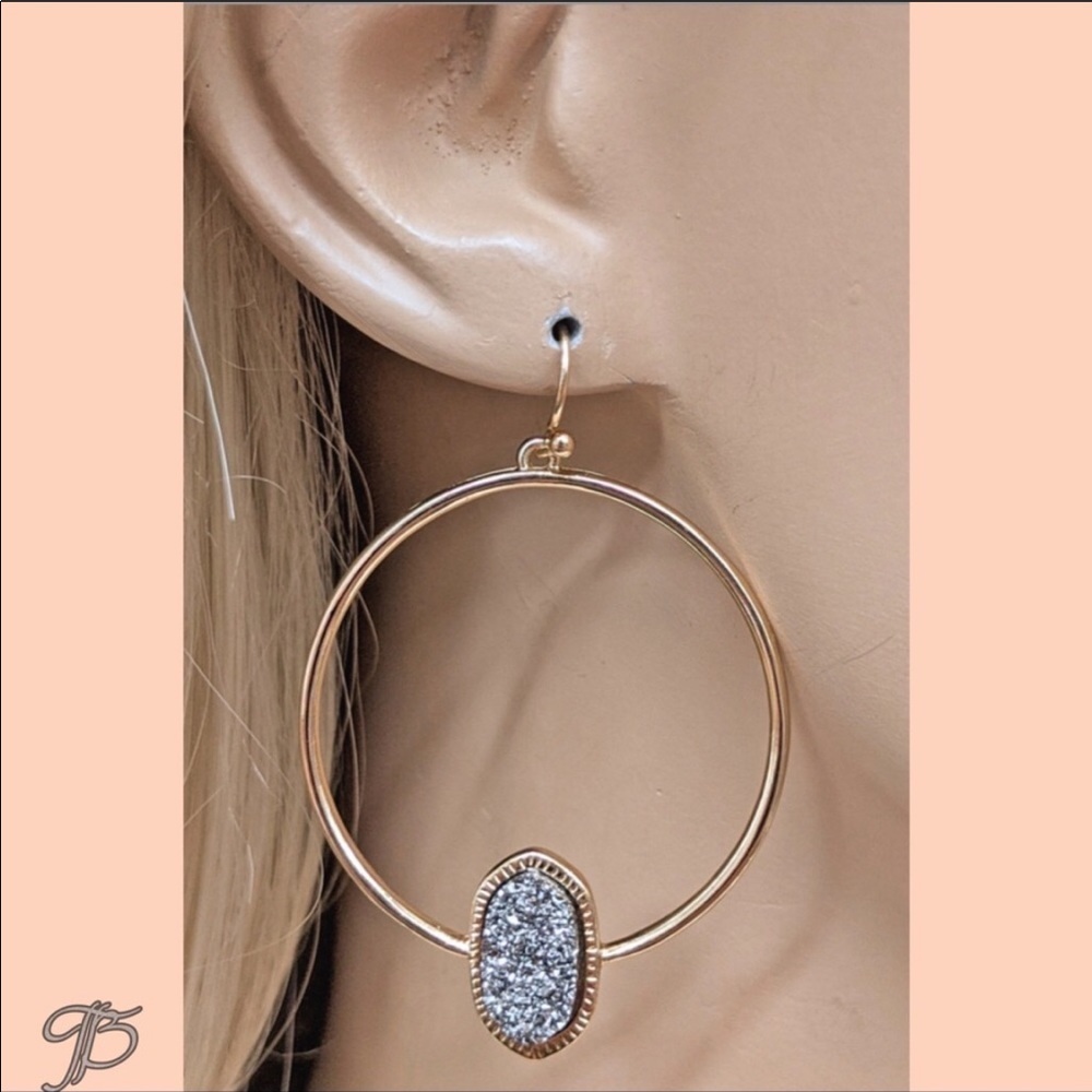 Hematite Druzy Stone Hoop Earrings